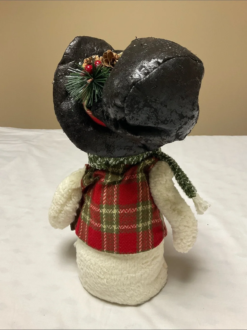 17” Plush Snowman Holiday Figure with Black Hat and Red Plaid Vest.